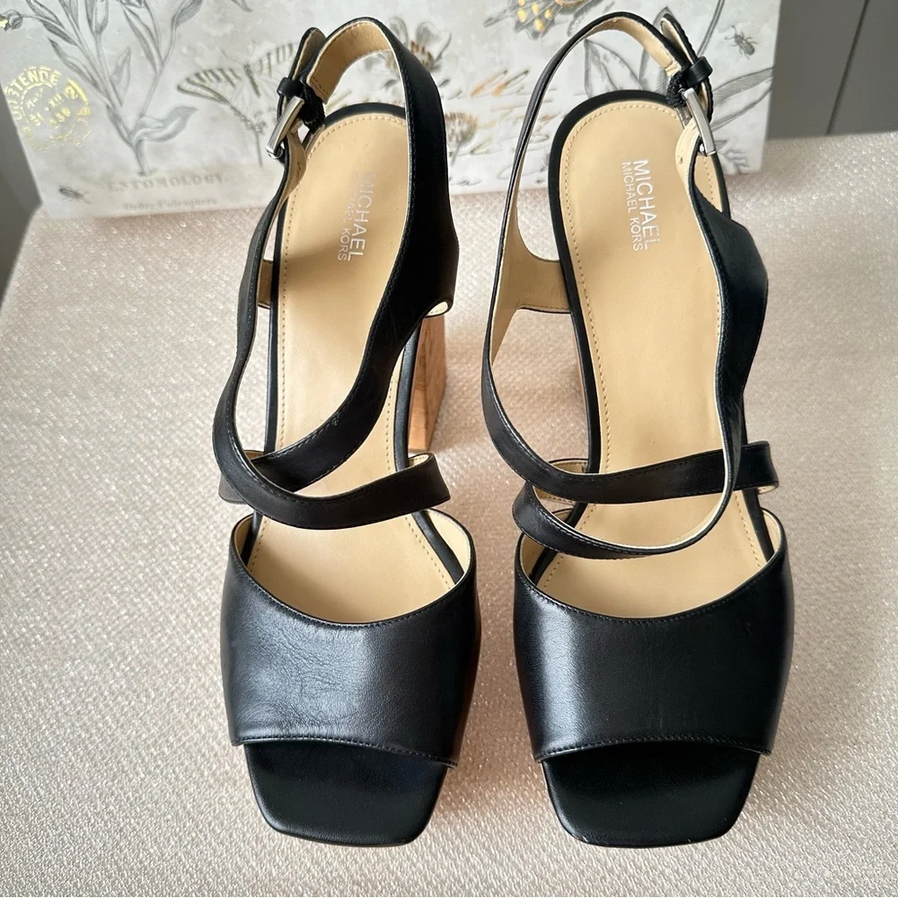 Michael Kors Abbott Black Leather Platform Sandals Size 9.5